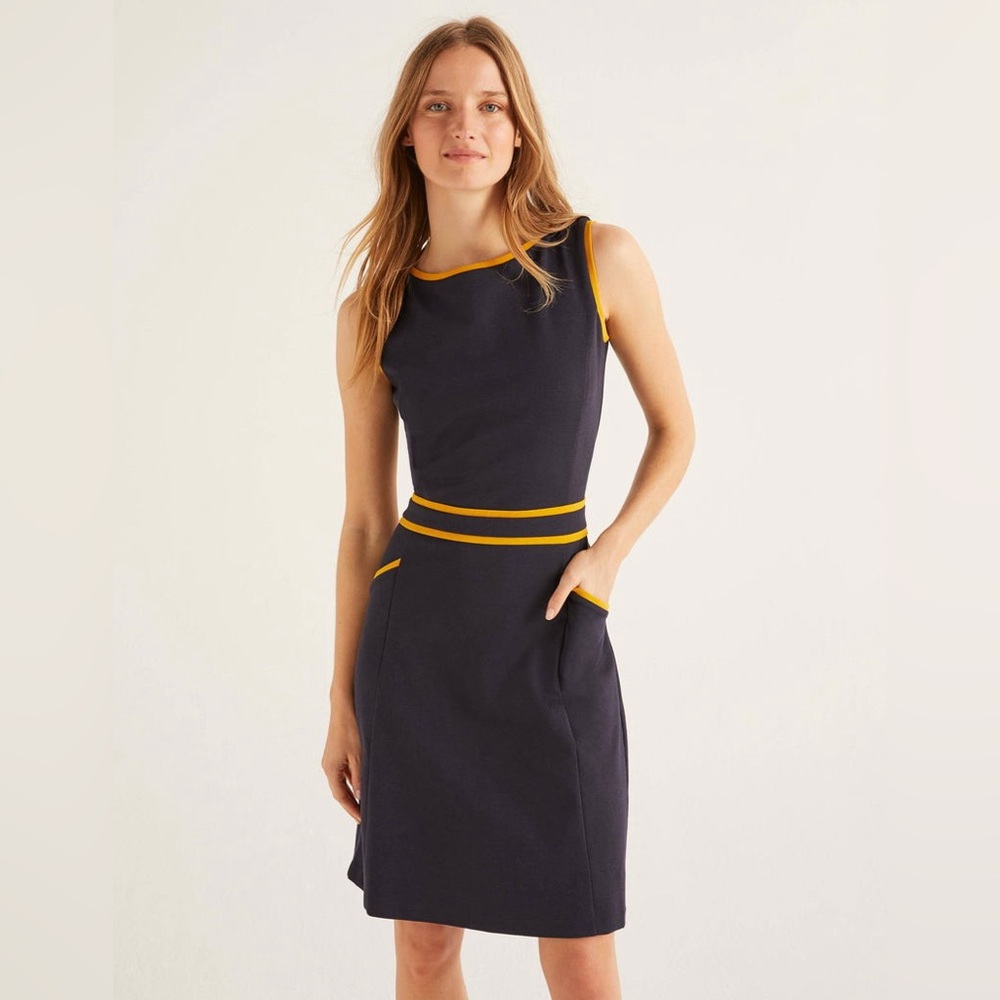 Boden Sabrina Ponte Knit Shift Dress, Navy & Gold, Size 2R